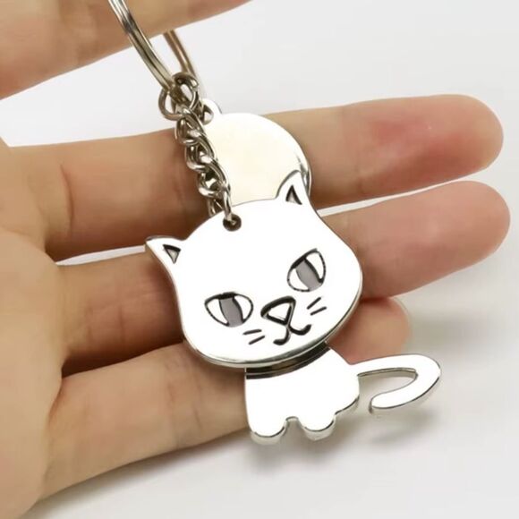 Kawaii Silver Cat Keychain • Rotating Body Charm • Cute Accessory - New - Picture 6 of 8